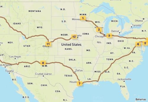 United States map and an outlines road trip route.