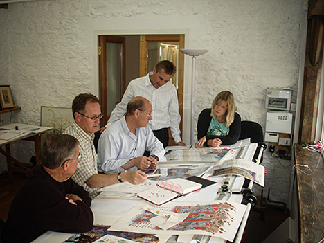 2007: (From left to right) Production artists Dave Peterson, Dave McIntosh, Donald Jackson, Mike Nordberg, and Sarah Harris convene at Donald Jackson’s scriptorium in Wales. 