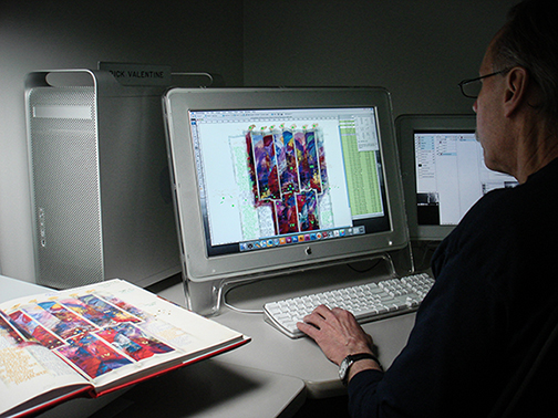 Rick Valentine works on Photoshop to craft a perfect copy of an illumination from The Saint John's Bible 
