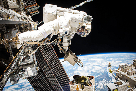 Photo courtesy of NASA: Expedition 53 Flight Engineer Mark Vande Hei completes a space walk to service components on the Canadarm2 robotic arm. 