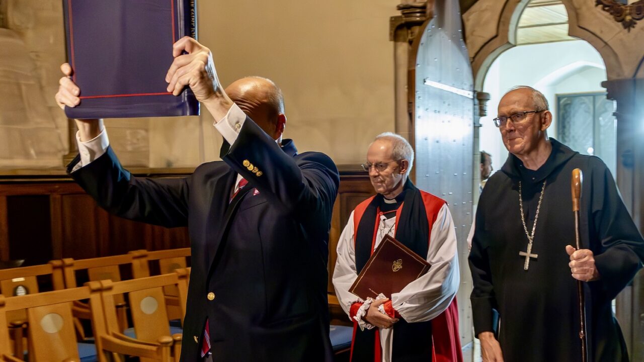Archbishop of Canterbury Justin Welby moments after handing his crosier to Abbot John Klassen of Saint John’s Abbey.