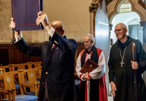 Archbishop of Canterbury Justin Welby moments after handing his crosier to Abbot John Klassen of Saint John’s Abbey.