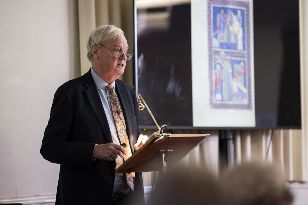 Expert on medieval manuscripts Christopher de Hamel speaks at Sarum College. (Photo: Peter Langsdown) 