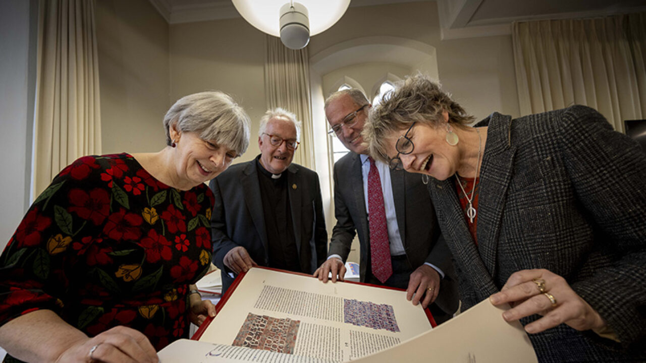 Photo by Peter Langdown: Seekers experience The Saint John’s Bible Heritage Edition at Salisbury Cathedral in Salisbury, England.