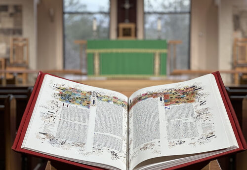 One heritage edition of The Saint John's Bible lays open on display