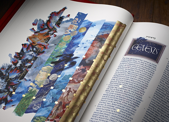 Photo: One Heritage Edition volume lays open to the Genesis Frontispiece: Creation Illumination by Donald Jackson with contributions from Chris Tomlin