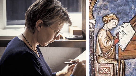 Sally Mae Joseph, scribe of The Saint John’s Bible, uses her quill and pen knife to write a passage of The Saint John’s Bible, mirroring that of a medieval scribe (1:52).