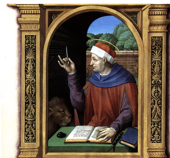 Saint Mark shown in a French Renaissance Book of Hours checking his freshly cut quill before writing (9:38).