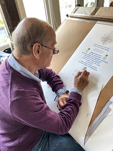 Donald Jackson scribes the dedication page for the Heritage Edition that lives at Windsor Castle. 