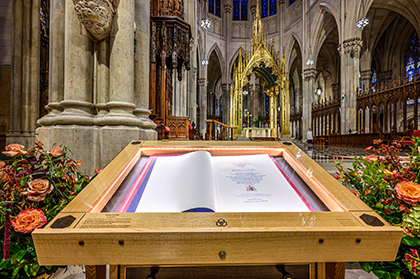 One of twelve Apostles Editions of The Saint John’s Bible has found a permanent home in St. Patrick’s Cathedral.