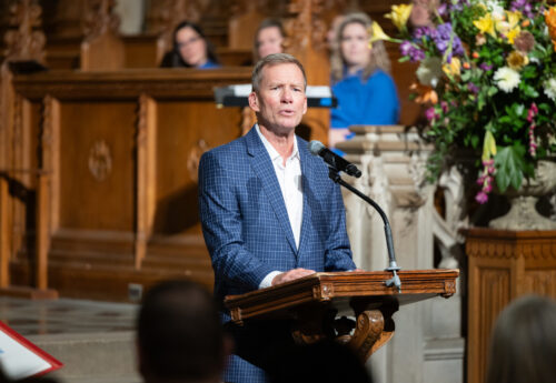 Ken Krebs gives his speech at Duke University in October 2024 to commemorate his gift of a Heritage Edition to the University.