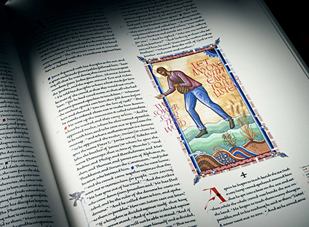 The Sower and the Seed illumination from The Saint John’s Bible, shown in the Heritage Edition. 