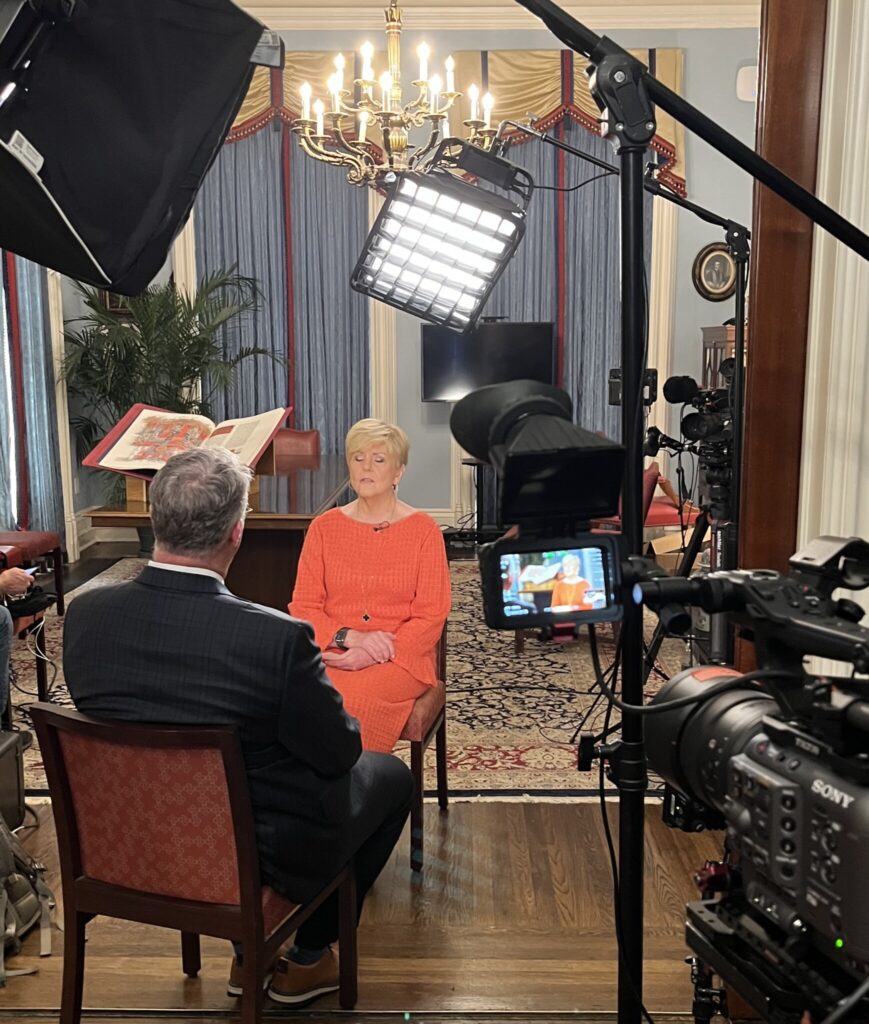 Executive Director of The Saint John’s Bible Heritage Program Rev. Dr. John F. Ross (left) and NBC’s Anne Thompson (right) pose for a photo together after filming the interview that aired on the Today Show on December 23, 2024.